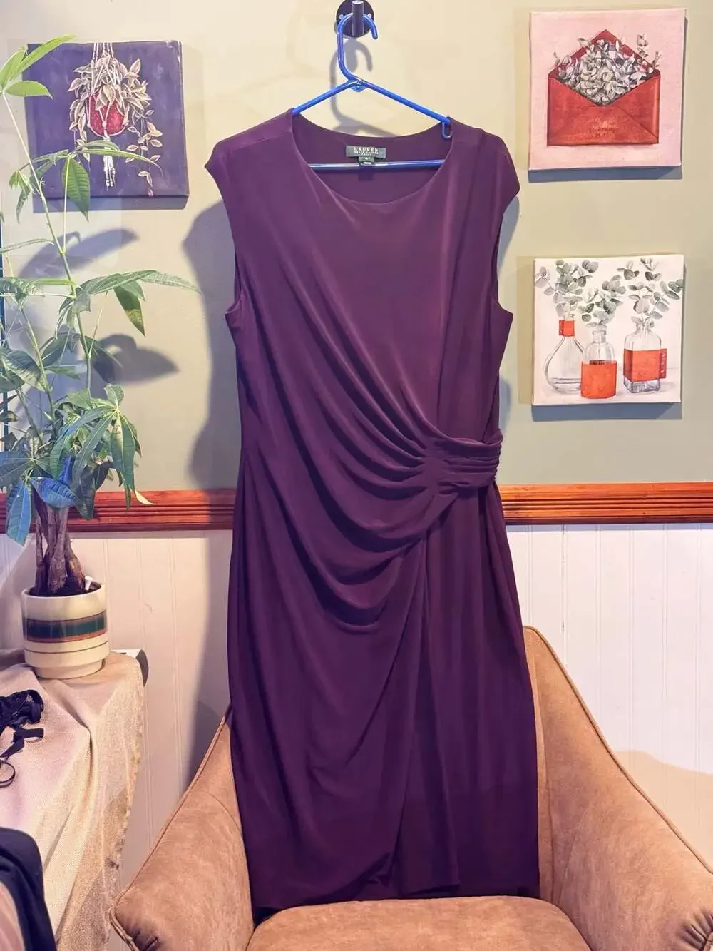Lauren Ralph Lauren Sleeveless Ruched Jersey Sheath Dress in Deep Purple - Picture 1 of 3